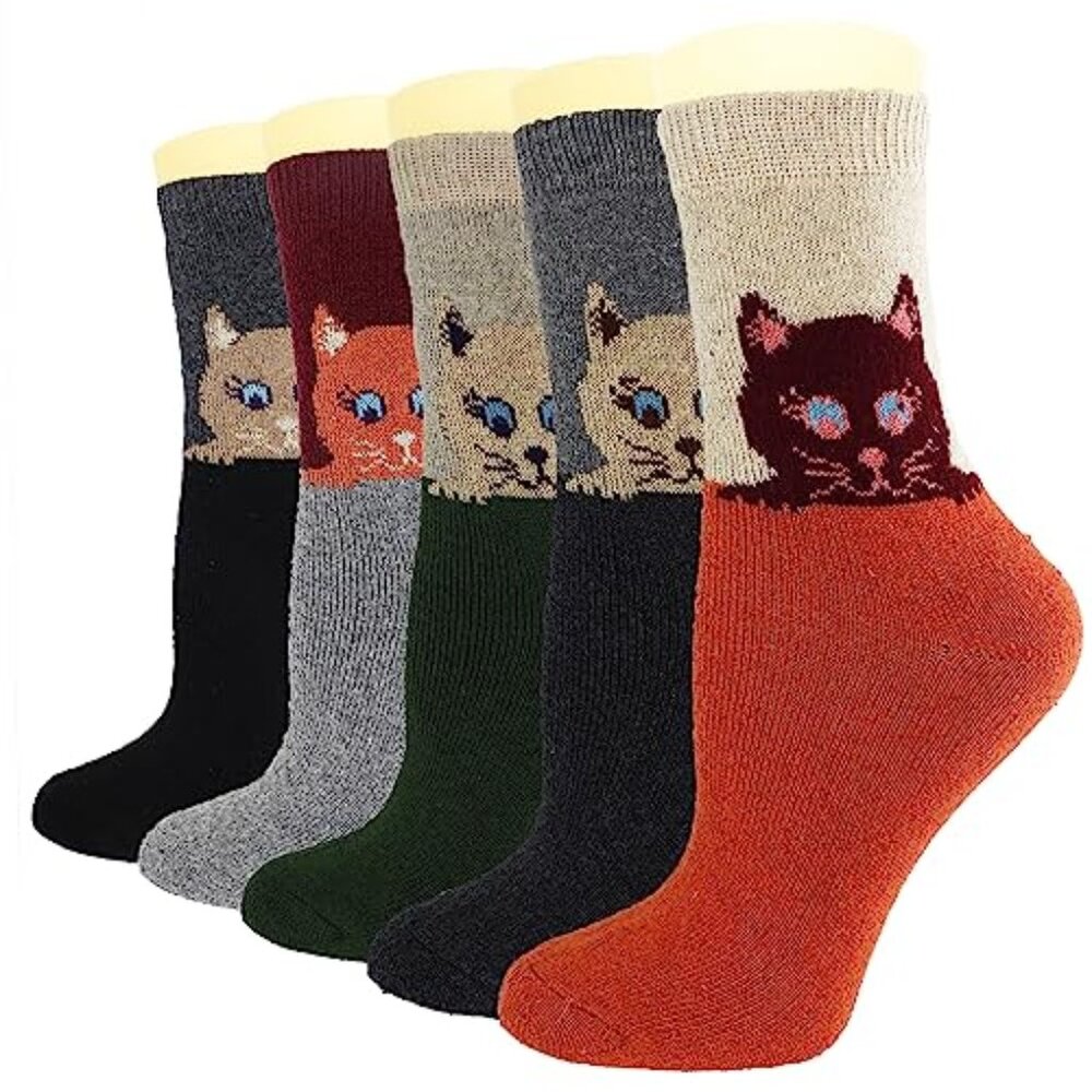 5Pack Womens Warm Wool Soft Cozy Crew Socks Cute Animal Owl Cat Design Sock‎